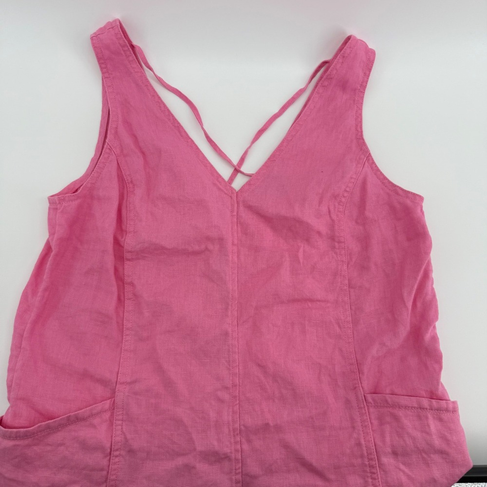 Athleta Pink 100% Linen Sleeveless V-Neck Tie Back Romper Pockets XS